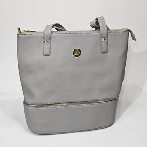 Gray Leather Tote Bag and Wristlet Set Joy Mangano Double Decker